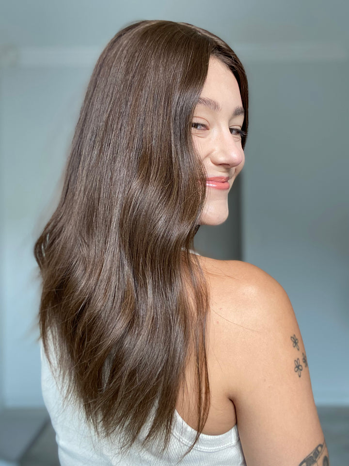 KIM'S CLOSET // Medium Neutral Brunette Topper // 18 Inches // 7x7 cap