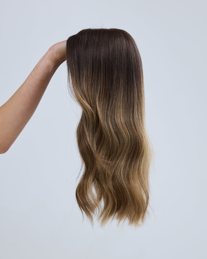 ASH BRUNETTE BALAYAGE // LACE TOPPER // 18 INCHES // 8x8 CAP
