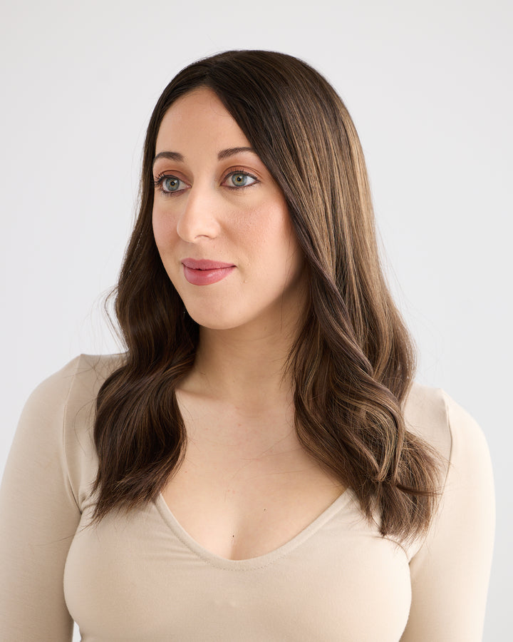 DARK HIGHLIGHTED BRUNETTE // LACE TOPPER // 18 INCHES // 8x8 CAP