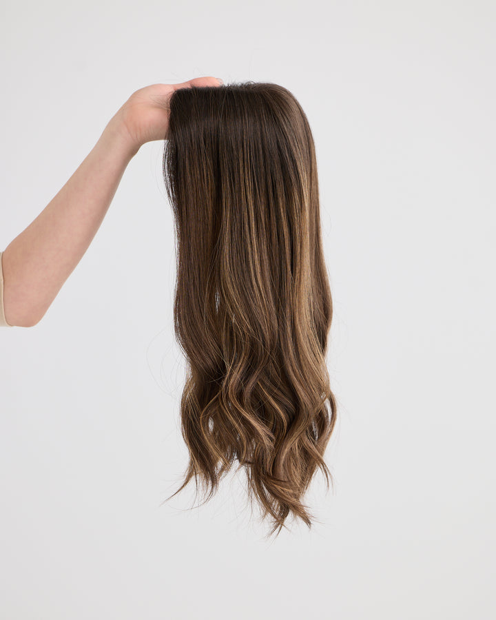 DARK HIGHLIGHTED BRUNETTE // LACE TOPPER // 18 INCHES // 8x8 CAP