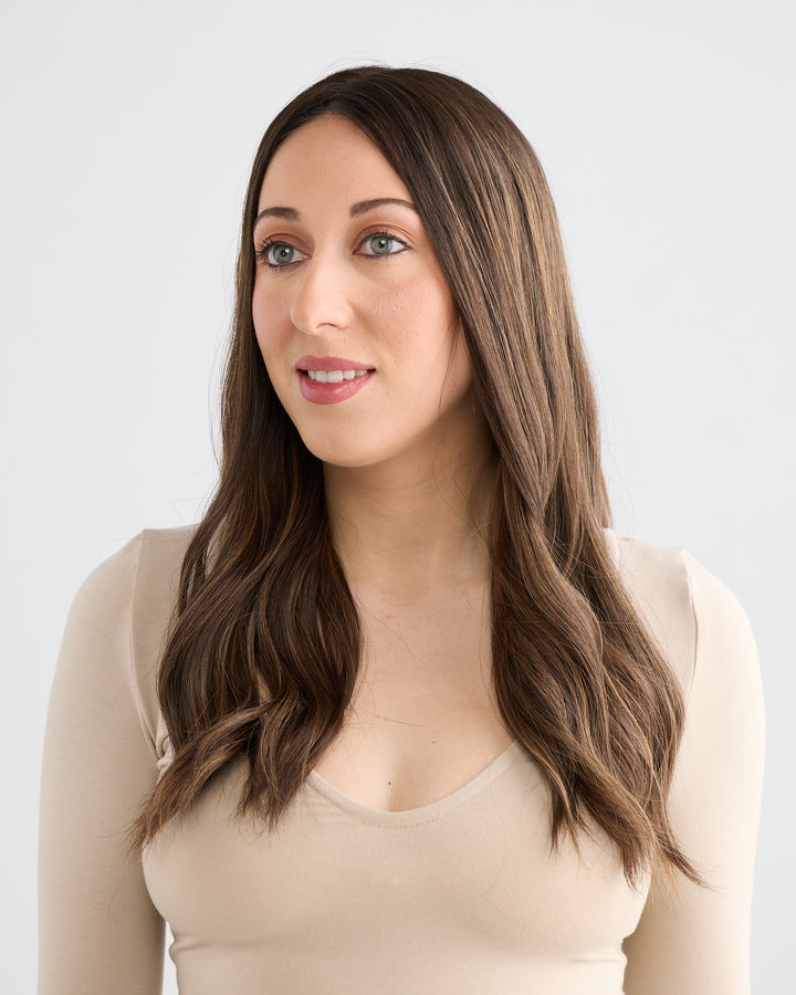 DARK HIGHLIGHTED BRUNETTE // LACE TOPPER // 20 INCHES // 8x8 CAP