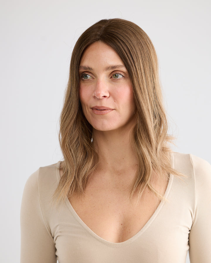LIGHT MOCHA BALAYAGE // LACE TOPPER // 16 INCHES // 8x8 CAP