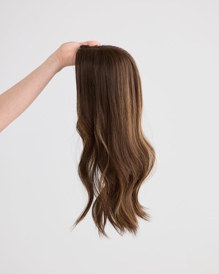 SOFT HIGHLIGHTED BRUNETTE // LACE TOPPER // 16 INCHES // 8x8 CAP