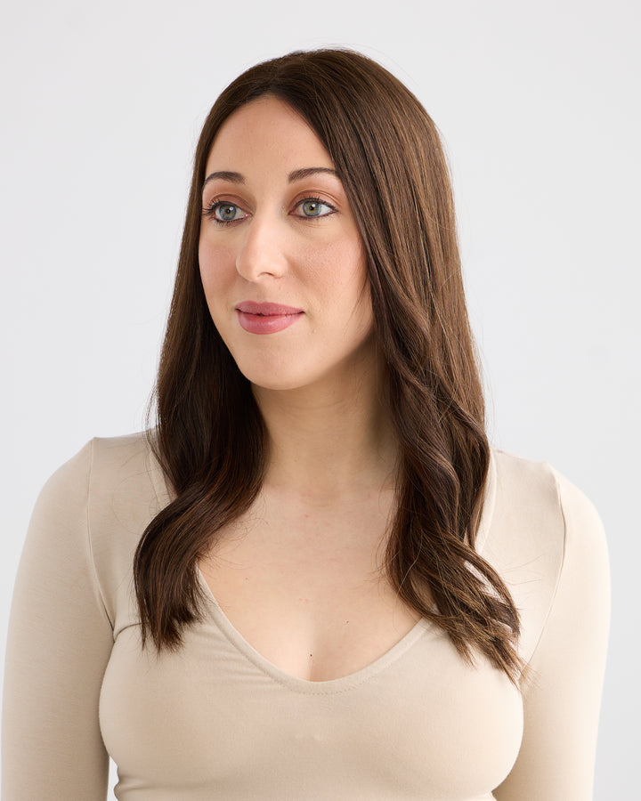 SOFT HIGHLIGHTED BRUNETTE // LACE TOPPER // 18 INCHES // 8x8 CAP