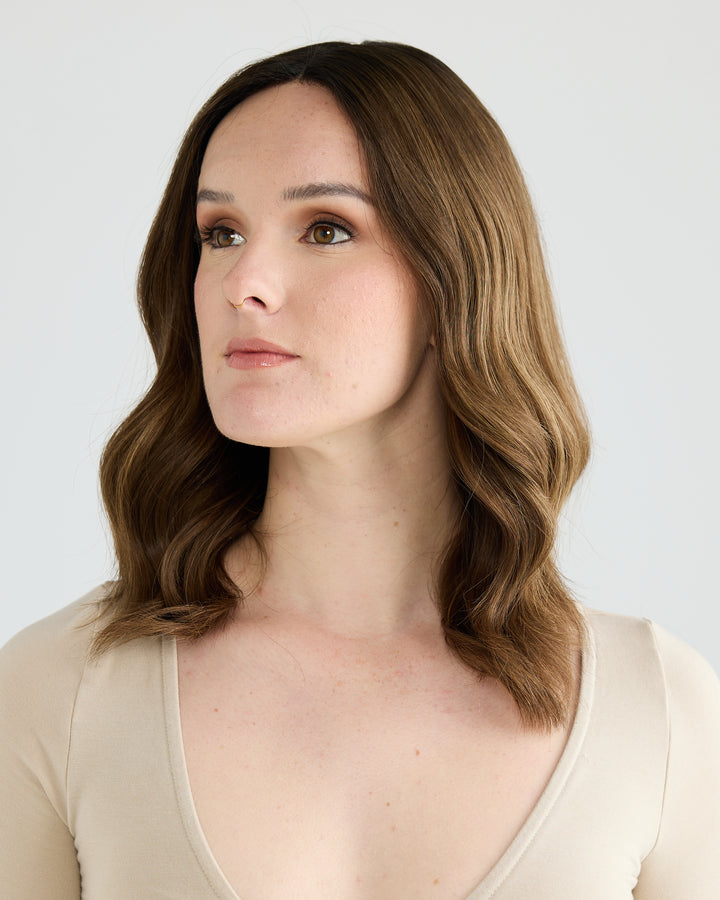 MEDIUM HIGHLIGHTED BRUNETTE // GAME CHANGER WIG // 16 INCHES // M CAP