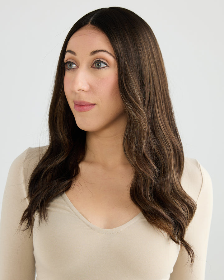 DARK HIGHLIGHTED BRUNETTE // GAME CHANGER WIG // 20 INCHES // S CAP